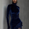 Long Sleeve Lace Patchwork Sexy Velvet Dress Women Autumn Winter Turtleneck Party Dress Elegant Slim Simple Ladies Dress