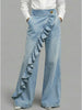 Ruffle Trim Womens Jeans High Waist Vintage Hip Hop Straight Baggy Denim Pants Street Y2K American Style Wide Leg Denim Trouser