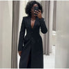 V-Neck Longline Tailored Double-Breasted Blazer Coat Black Peak Lapel Welt Pockets Autumn Elegant Office Women Outerwear