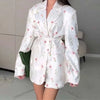 Elegant Flower Printed Loose Suit Collar Coat Belted Waist Shoulder Pad Long Sleeve One Button Blazers Lady Street Chic Top
