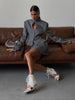 Women Grey Stand‑collar Keyhole Blazer Mini Skirt 2 Piece Set Chic Long‑sleeve Fitted Suit Lady Street Commute Outwear