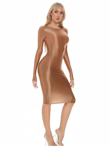 Candy Color Dresses Tight Long Sleeve Satin Smooth Oil Glossy Bodycon Dress Woman Push Up Packet Hip Stretch Step Dress