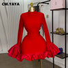 Women O-neck Long Flare Sleeve Ruffles Mini Dress Spring Sweet Sexy Birthday Evening Night Party Vestidos Dresses