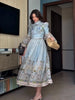 Women Puff Sleeve Dress Retro Floral Lace Dresses Ruffle Tiered Belted Clothes Waist Bohemian Holiday Maxi Gown Semmer Wear