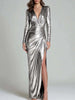 Shiny Bodycon Evening Dress Women Deep V‑Neck Long Sleeve Ruched Wrap High Slit Maxi Dress for Wedding Party Prom Gown
