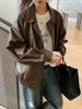 Vintage PU Leather Jacket Women High Street Techwear Oversized Moto Biker Coats BF Punk Loose Casual Cropped Outerwear