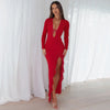 V-Neck Long Sleeve Slim Side Slit Mesh Patchwork Long Dress Women'S Solid Sexy Elegant Clothes Party Club Autumn Outfit