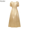 Elegant Chic Women Satin Wedding Guest Party Long Dresses Square Neck Short Puff Sleeve Fitted Waist A-Line Dress S-3XL