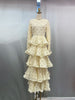 Elegant Spliced 3D Flower Dresses for Women O Neck Long Sleeves High Waist Patchwork Ruffles Folds Dress Female