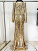 High Street Designer Party Vestido Women's Long Sleeve Gold Sequined Diamonds Long Maxi Dress