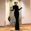 Spring Women Sexy Slim Fit Thin Dress Lady Comfortable High Neck Long Sleeve Dress Female Chic Evening Wine Red Maxi Dress