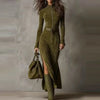 Casual O-neck Long Sleeve Suede Party Dress Elegant Side Split Solid Slim Long Dress Women With Belt Tie-Up Maxi Dress
