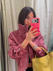 Women Stand Collar Leather Pilot Jacket Red Zipper Cropped Coat Casual Outerwear Streetwear