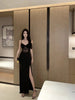 Women Black Lace Slip Dress Sexy Elegant Lady Style Evening Party Dress Slit Long Gown Mature Date Night Ladies Dresses