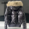 Faux Fur Hooded Cotton Puffer Jacket Women Winter Quilted Zipper Pocket Coat Y2K Retro Padded Parkas High Street Outerwear