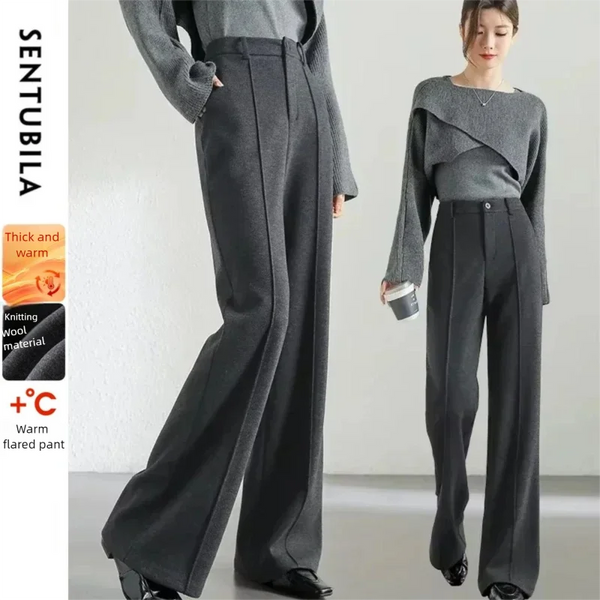 Wool Blend Flare Pants Women Winter Thick Warm Trousers High Waist Office Lady Casual Pants 144K57322