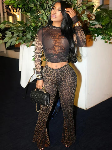 Sexy 2 Piece Set Women See Through Midnight Party Full Sleeve Crop Tops+Pants Matching Clubwear Skinny Autumn Outfits
