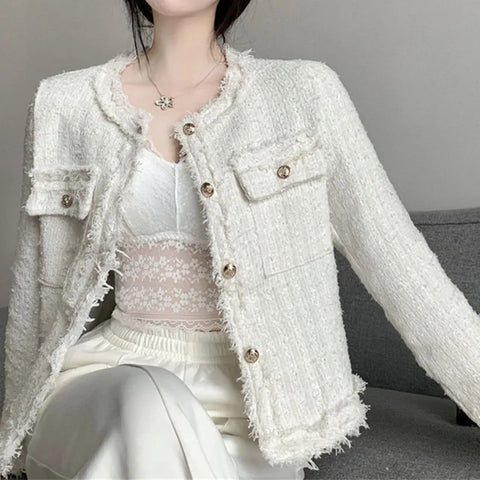 French White Tweed Crop Jacket for Women Autumn Elegant Slimming Decor Button Coat Woman Round Neck Long Sleeve Outerwear