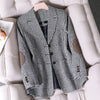 Coffee Plaid Blazer Women Tempeament Wool Long Sleeve Slim Jacket Office Ladies Work Coat Gray Tops