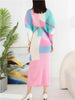 Pleated Dress For Women V-neck Batwing Sleeves Spliced Contrast Color Dresses Female Clothing 2YA2012