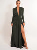 Women Glitter Maxi Evening Dress Deep V Neck Long Sleeve Ruched High Slit Formal Party Dress For Wedding Guest Prom