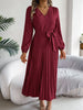 Spring Autumn Elegant Buttons V Neck Lantern Long Sleeve Lace Up Pleated Dress Khaki Blue Red Green Black Women Dresses