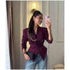 Pleated Waist Cinching Blazer Coat Women Chic Deep V-neck Full-sleeve Single Breasted Slim Coats Lady Commute Jacket