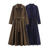 Women With Belt Solid Single Breasted Midi Dress Vintage Lapel Neck Long Sleeves Female Chic Lady Dresses