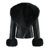 Black Faux Fur Collar Leather Jacket Elegant Lapel V-neck Waist Cinching Long-sleeved Short Coats Lady Winter Commute Coat
