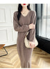 100% Merino Wool Women Long Dress Sweater V-Neck Pullover Long Dress Versatile Cashmere Knitwear Bottoming Clothing
