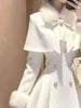French Elegant Vintage Woolen 2 Piece Set Women Faux Fur Collar Cape + Fit Chic Dress Winter A-Line Retro Party Outfits