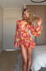 Sexy Floral Printed Mini Dress Women V-neck Flared Sleeve Waist Cinching Ruffle Bodycon Dresses Lady Party Vacation Gowns