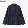 Autumn Long Sleeve Jackets Woman Casual Drawstring Waist Zip-Up Outerwear Solid Color Work Wear Cargo Coats