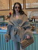 Solid Lace Up Faux Fur Sleeve Jacket Woman Elegant Mid-length V-neck Woolen Blend Coat Autumn Casual Scarf Outwear