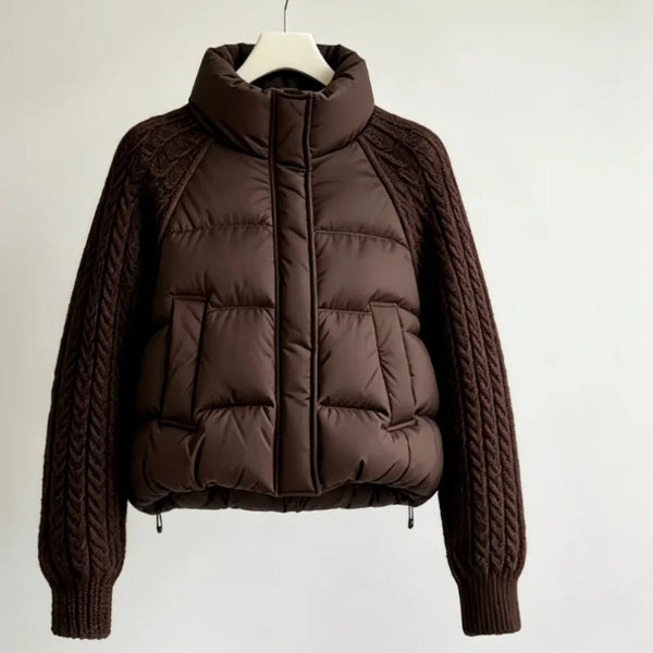 Winter Women Down Cotton Parkas Jacket Cable Knit Sleeve Spliced Stand Collar Thick Warm Short Coat Petite Ladies Outerwear