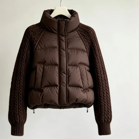 Winter Women Down Cotton Parkas Jacket Cable Knit Sleeve Spliced Stand Collar Thick Warm Short Coat Petite Ladies Outerwear