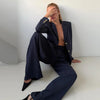 Pinstripe Women's Blazer Coats Back Cut Out Tie Long Sleeve Jackets for Woman Lapel Collar Navy Striped Suit Jacket Office Chic