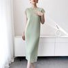 White Textured Pleated Women's Dress Raglan Sleeve Round Neck Side Slit Casual Formal Sheer Dresses Spring