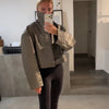 Women Cropped PU Leather Jackets Chic Stand Collar Wide Flare Sleeve Asymmetrical Wrap Open Front Coat Autumn Loose Jacket