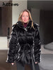 Chic Reflective Fabric Lace Up Hooded Cotton Jacket Women Stand Collar Full Sleeve Zipper Warm Overcoat Winter Lady Outwear
