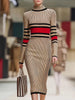 Krisstargirl Skinny Contrast Color Woman Bodycon Dress Autumn Winter Striped High Neck Midi Knitting Elegant Ladies Dresses