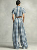 Women's Blue Plaid Two Piece Set Mock Neck Crop Top High Waisted Wide Leg Pants Casual Elegant Outfit