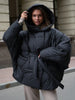 Hooded Batwing Sleeve Tie Waist Puffer Coat Fit Quilted Warm Winter Women Street Outerwear Chic Casual Outfit