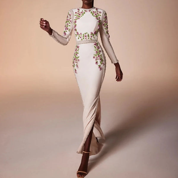 High Street Designer Party Vestido Women's Long Sleeve Beaded Maxi Long Dress