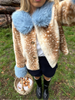 Deer Print Faux Fur Cropped Jacket Women Blue Contrast Lapel Cuff Button Up Fluffy Warm Coat Winter Casual Street Outwear