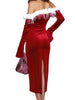 Women Christmas Dress Slim Fuzzy Trim Off Shoulder Long Sleeve Midi Bodycon Dress for Evening Party Club