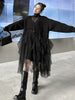 Women Black Big Size Knitting Mesh Irregular Sweater Dress V-Neck Long Sleeve Spring Autumn 1DH2366