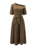 Women's S-2XL Size Slanted Shoulder Collar Tie Waist Style Solid Color Dress Leopard print maxi dresses for women
