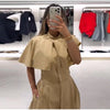 Women's Trench Style Midi Dress Stand Collar Cape Overlay Short Sleeve Belted Waist A‑Line Dresses Autumn Elegant Office Outfits