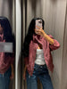 Women Stand Collar Leather Pilot Jacket Red Zipper Cropped Coat Casual Outerwear Streetwear